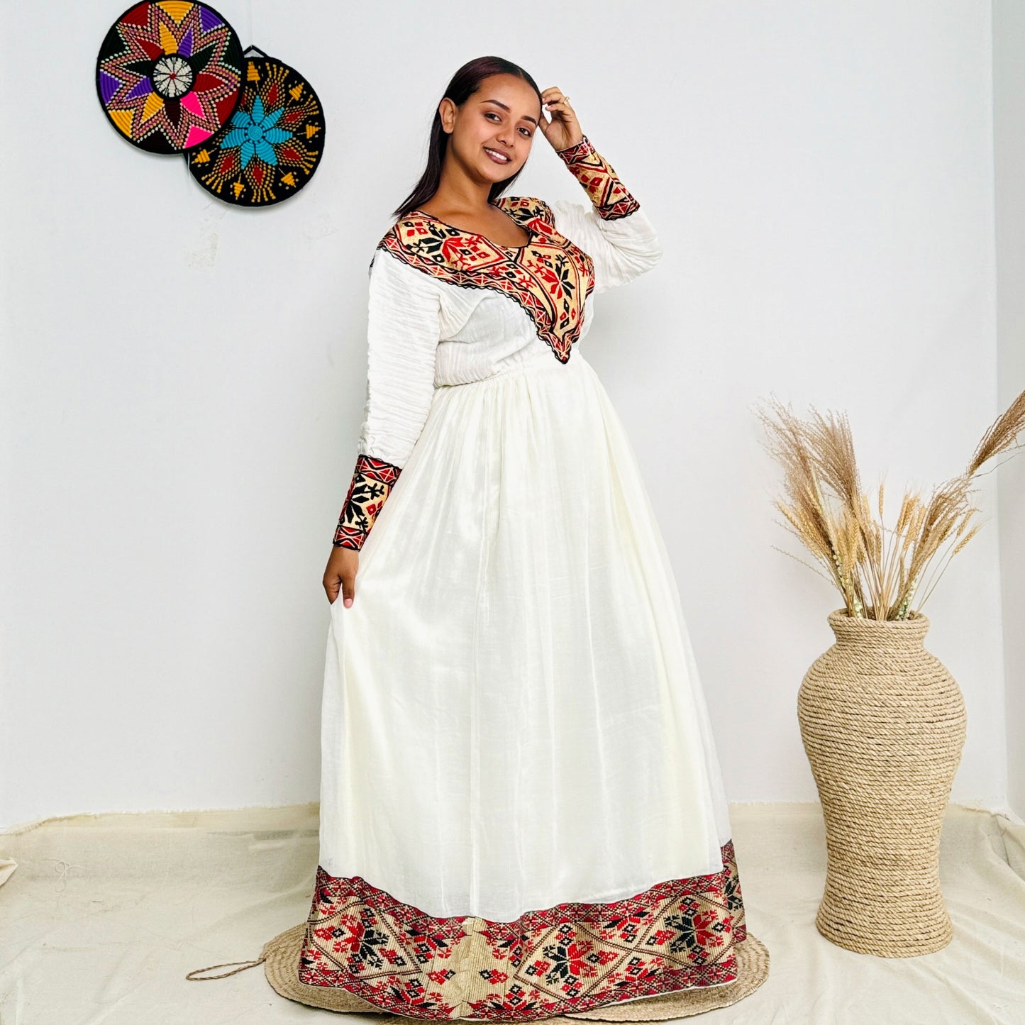 Stunning Red Habesha Dress with Elegant Detailing Hab46