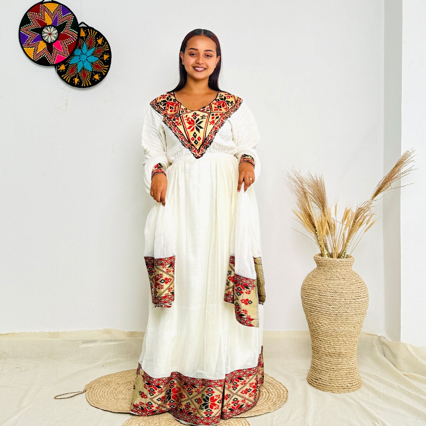 Stunning Red Habesha Dress with Elegant Detailing Hab46