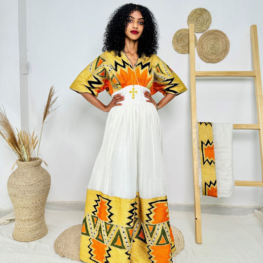 Vibrant Ethiopian Handwoven Dress | Bold Yellow, Orange & Black Tibeb | Modern Cultural Statement Hab175