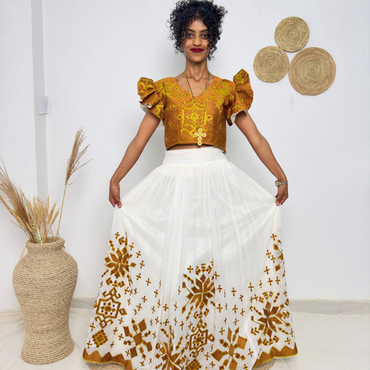 Ethiopian Habesha Kemis Dress | Handwoven Traditional Gown | Eritrean Wedding Attire | Golden Embroidered Handmade Dress | Hab188