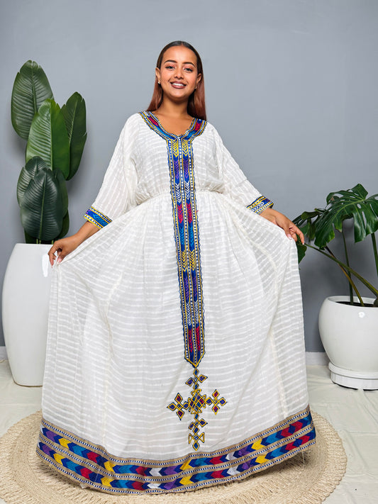 Modern Traditional Ethiopian Dress | Multicolor Tibeb Accent with Cross Detail | Handwoven White Habesha Kemis Hab194