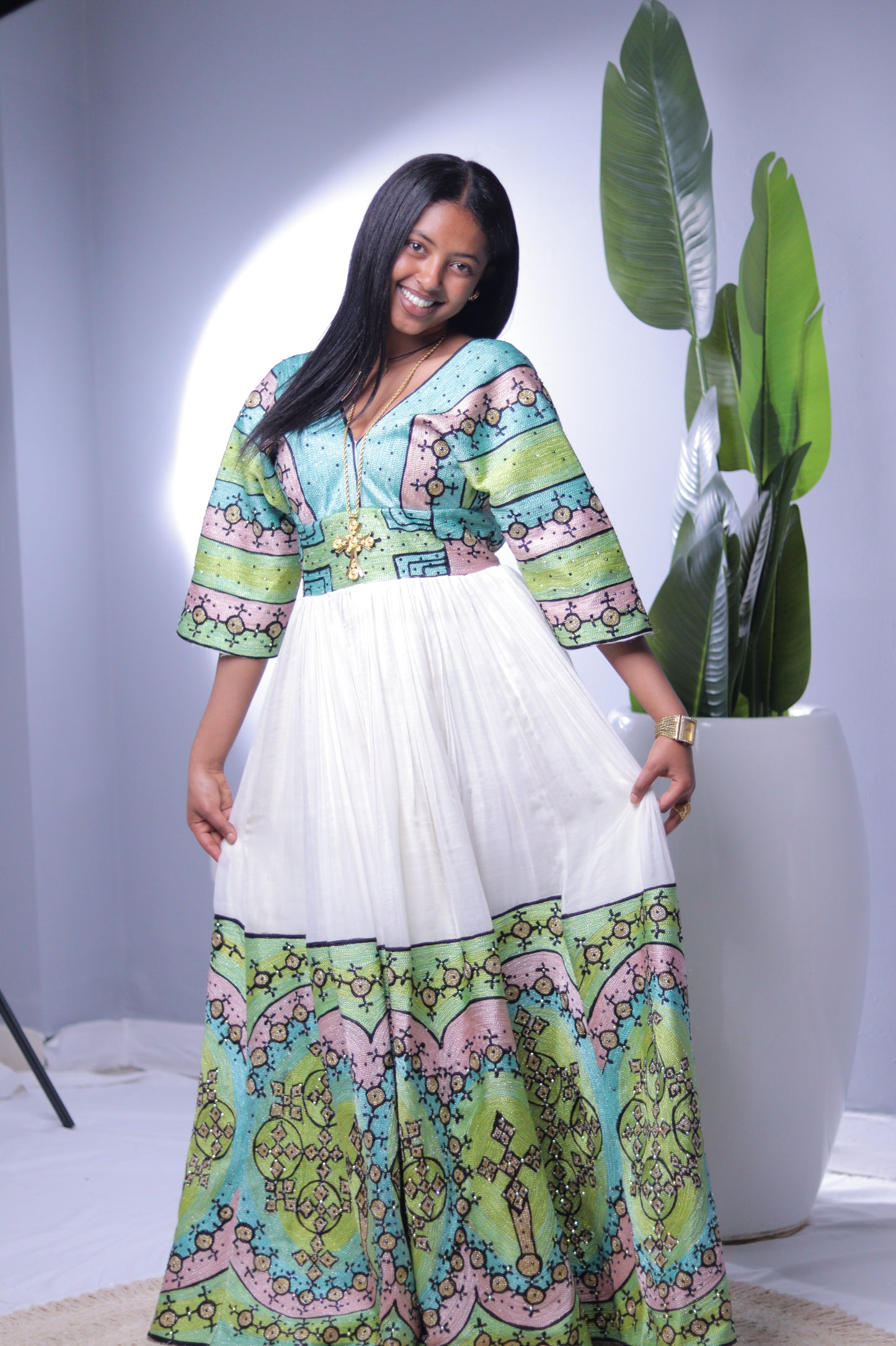 Pastel Cross Accent V-Neck Habesha Dress | Elegant Ethiopian Kemis Hab243
