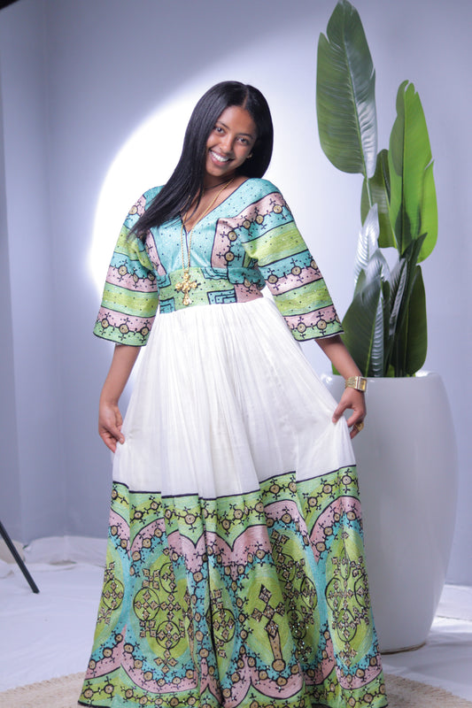 Pastel Cross Accent V-Neck Habesha Dress | Elegant Ethiopian Kemis Hab243