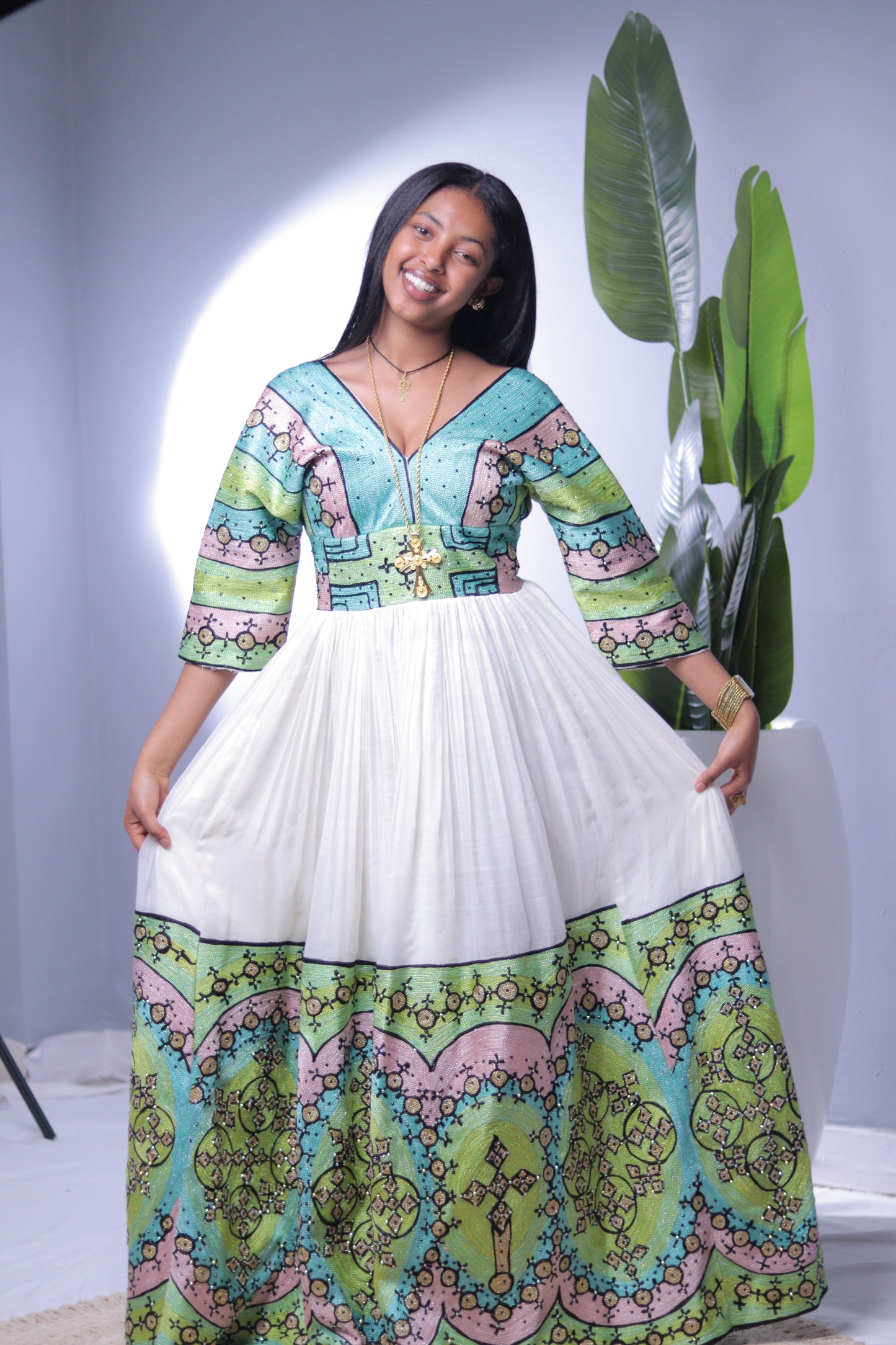 Pastel Cross Accent V-Neck Habesha Dress | Elegant Ethiopian Kemis Hab244