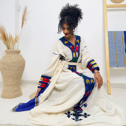 Handwoven Ethiopian Habesha Kemis | Elegant Traditional Dress with Vibrant Tibeb Embroidery | Timeless & Graceful Hab138