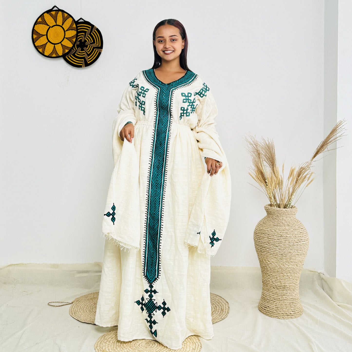 Green Ethiopian Dress with Intricate Patterns Hab18