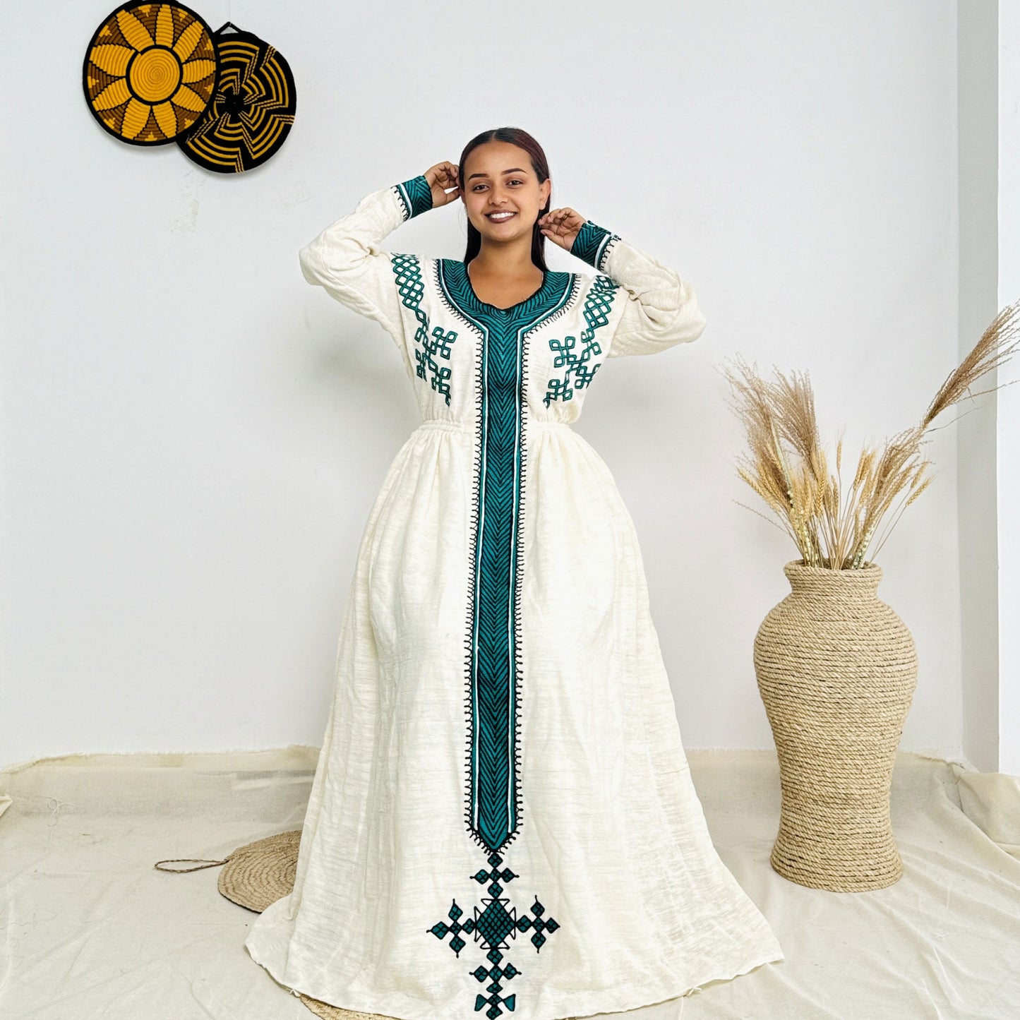 Green Ethiopian Dress with Intricate Patterns Hab18