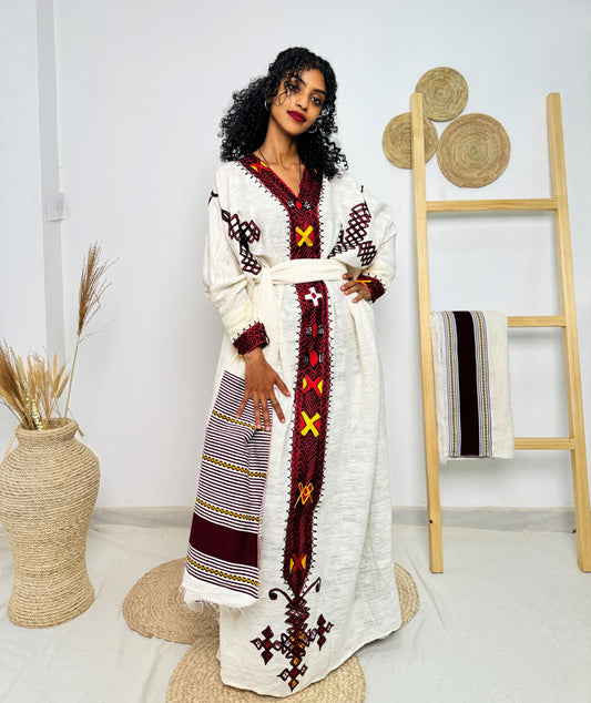Elegant Ethiopian Dress | Handwoven Habesha Kemis | Traditional Cultural Gown | Handmade Cotton Dress | Red & Yellow Tibeb Embroidery Hab168