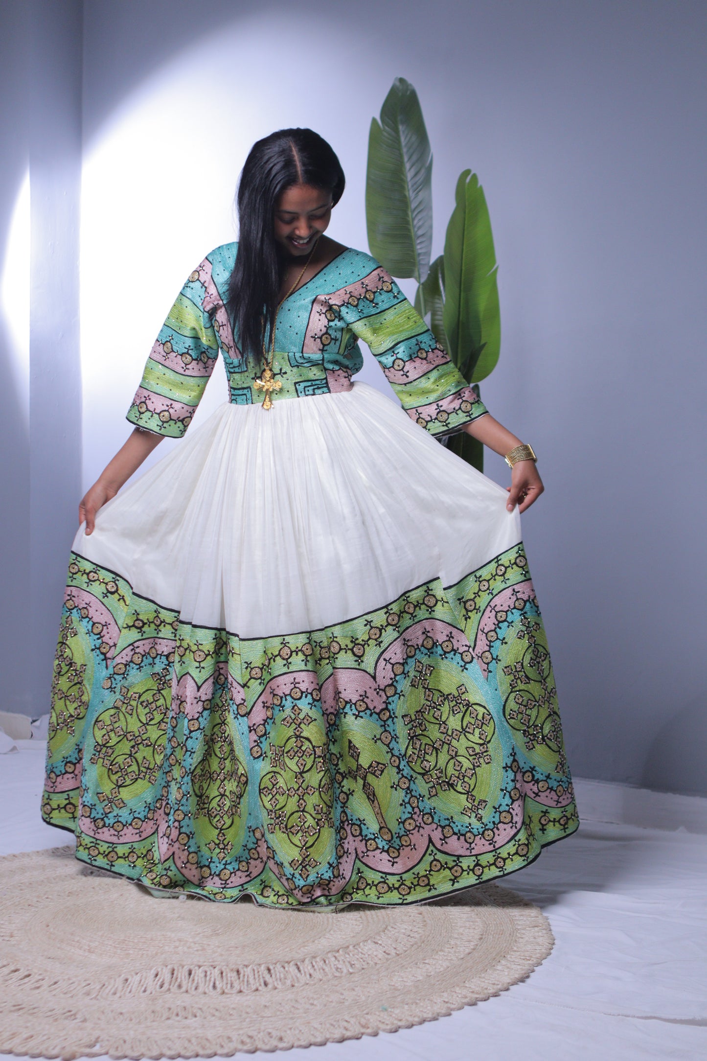Pastel Cross Accent V-Neck Habesha Dress | Elegant Ethiopian Kemis Hab243