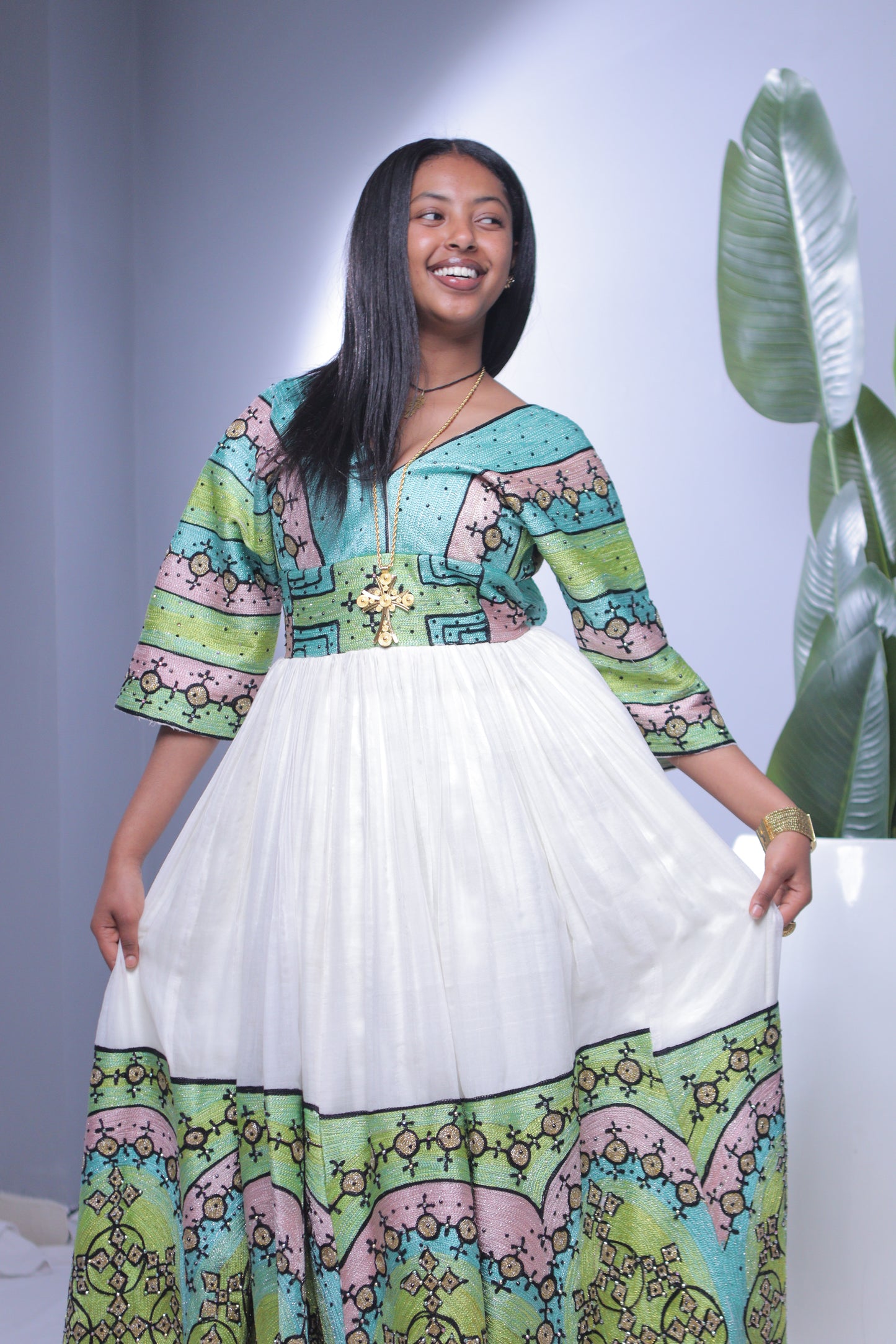 Pastel Cross Accent V-Neck Habesha Dress | Elegant Ethiopian Kemis Hab243