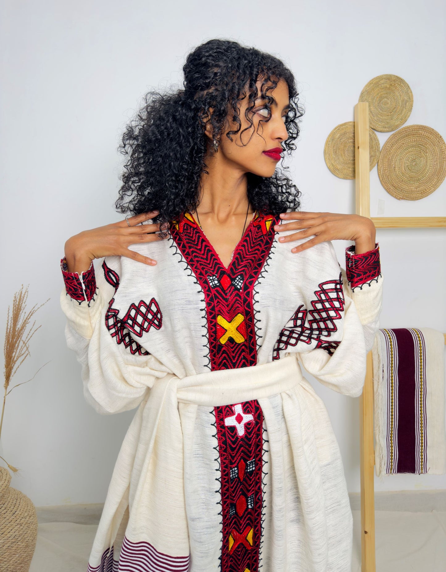 Elegant Ethiopian Dress | Handwoven Habesha Kemis | Traditional Cultural Gown | Handmade Cotton Dress | Red & Yellow Tibeb Embroidery Hab168