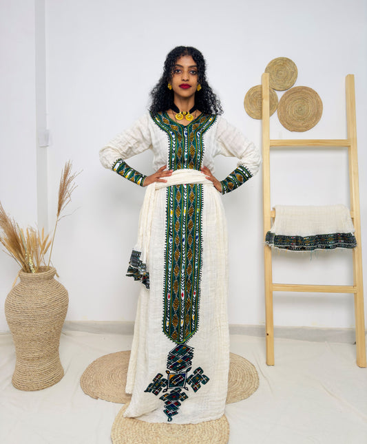 Traditional Ethiopian Habesha Dress – Handwoven Cotton with Green & Yellow Tibeb Embroidery | Cultural Dress for Weddings & Holidays Hab179