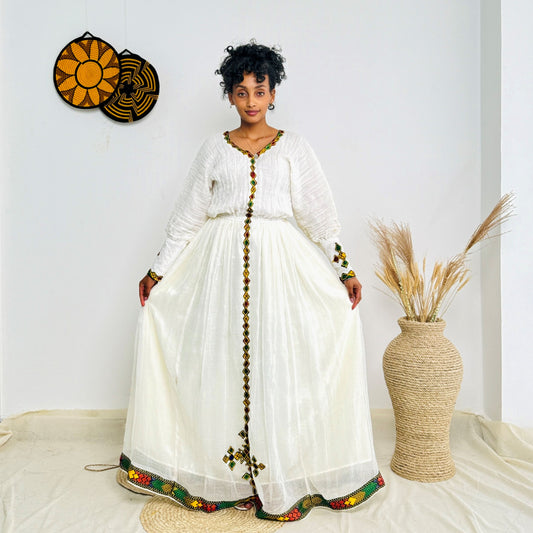 White & Yellow Handwoven Habesha Dress | Traditional Ethiopian Kemis with Red and Green Borders | Long Sleeve Front-Tied Style Hab221