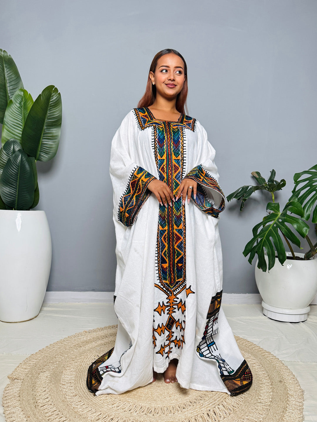 Traditional Ethiopian Habesha Kemis | White Cotton Dress | Orange Cross & Tibeb Embroidery | Handmade Cultural Outfit Hab164