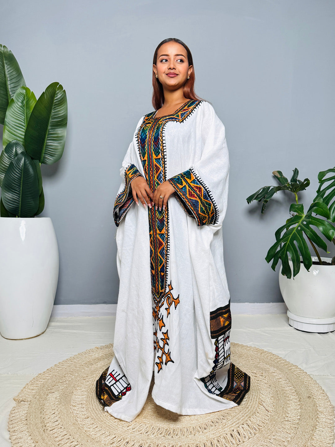 Traditional Ethiopian Habesha Kemis | White Cotton Dress | Orange Cross & Tibeb Embroidery | Handmade Cultural Outfit Hab164