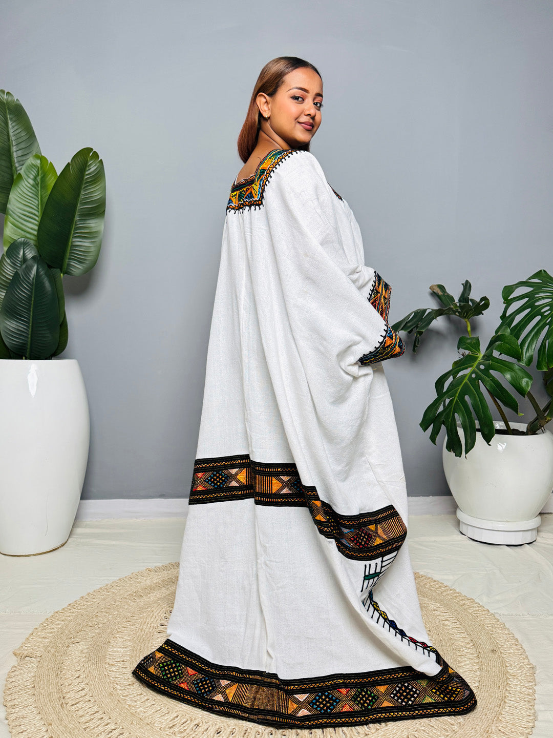 Traditional Ethiopian Habesha Kemis | White Cotton Dress | Orange Cross & Tibeb Embroidery | Handmade Cultural Outfit Hab164