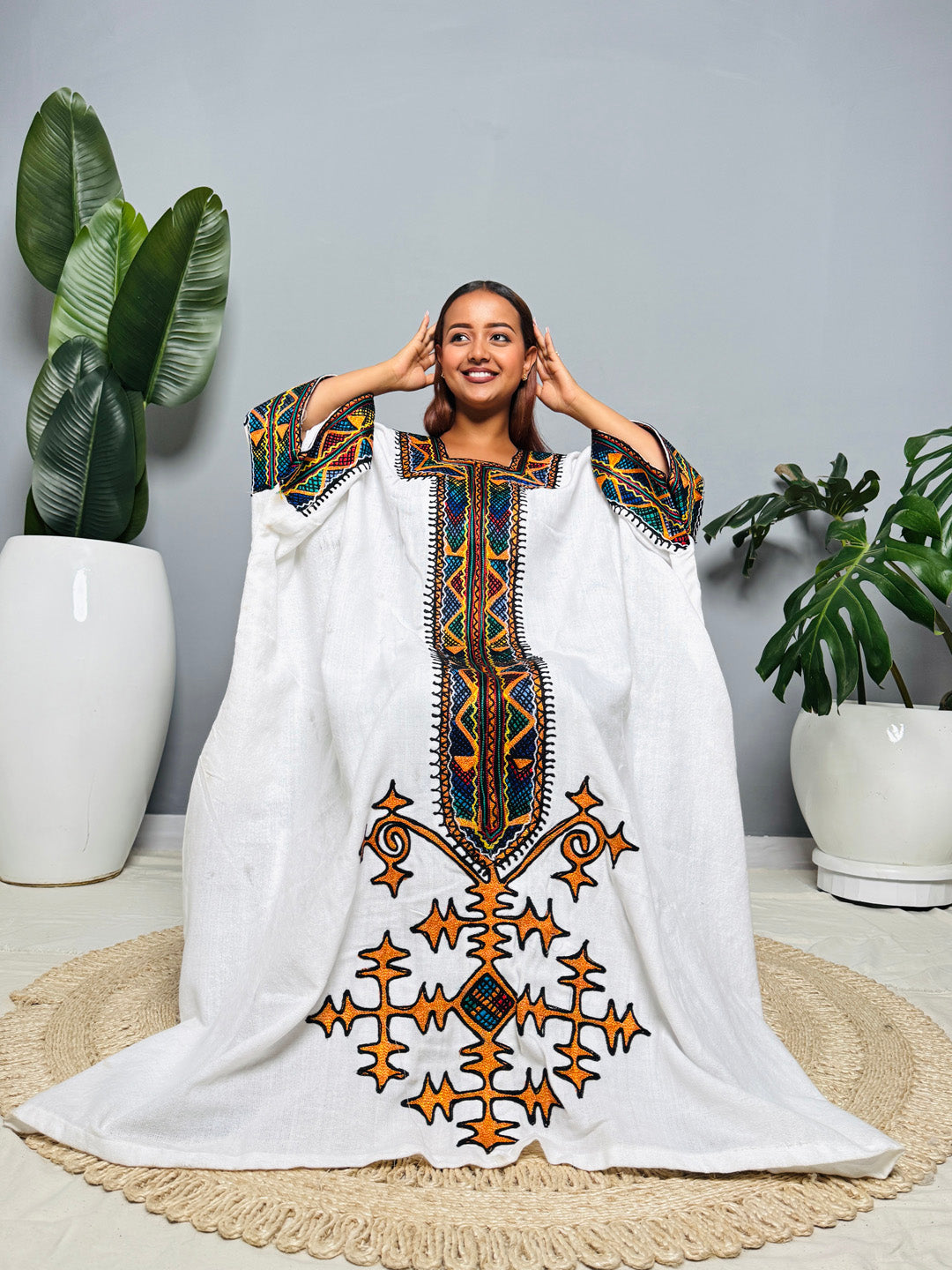 Traditional Ethiopian Habesha Kemis | White Cotton Dress | Orange Cross & Tibeb Embroidery | Handmade Cultural Outfit Hab164
