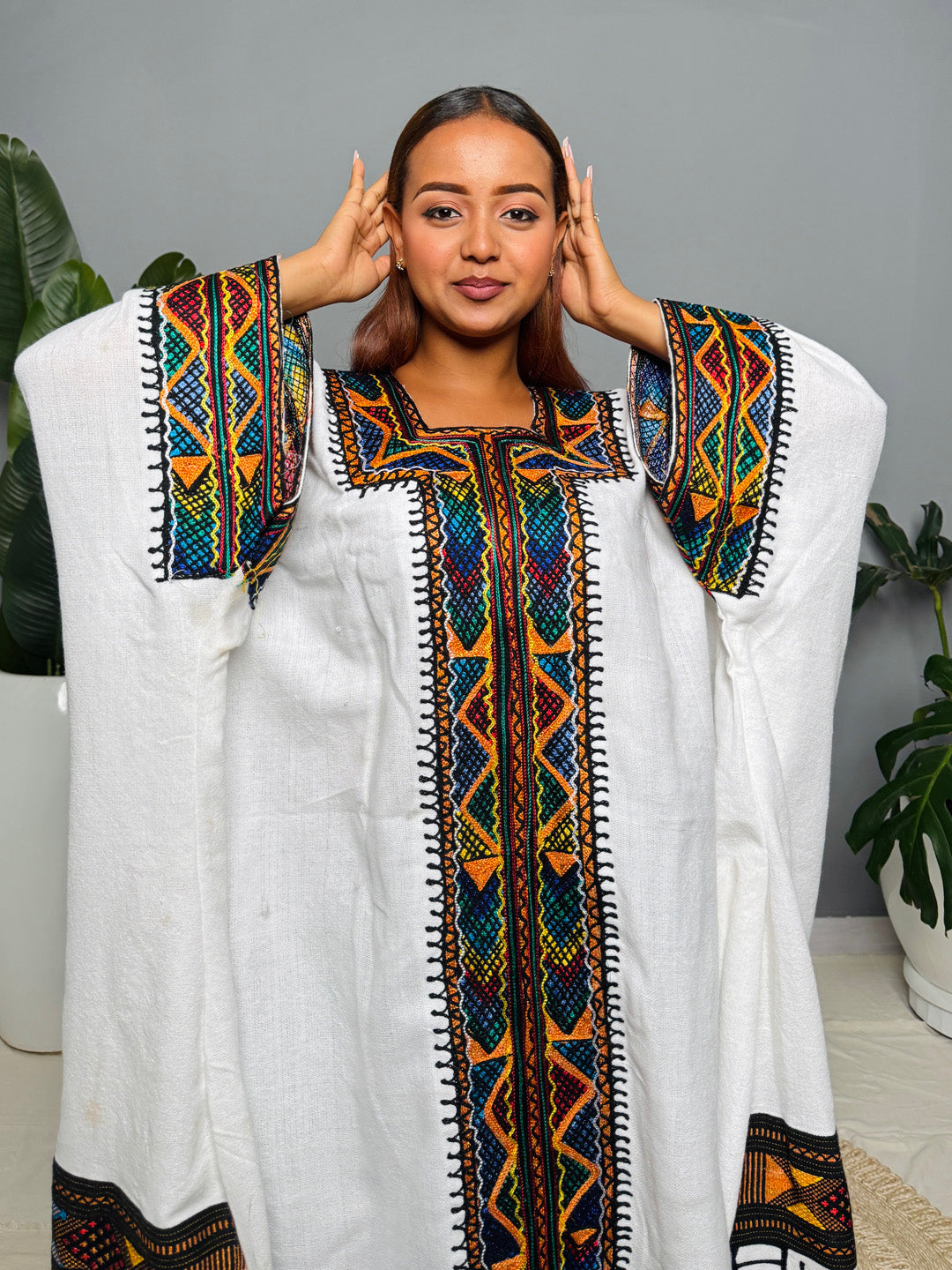 Traditional Ethiopian Habesha Kemis | White Cotton Dress | Orange Cross & Tibeb Embroidery | Handmade Cultural Outfit Hab163