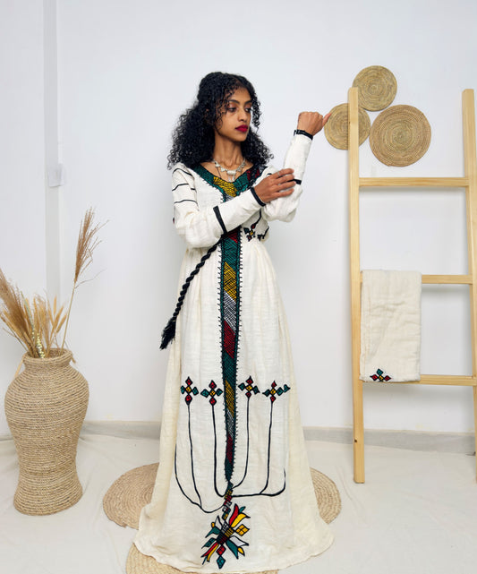 Vibrant Diamond Tibeb & Fan Motif Embroidery | Ethiopian Handwoven Dress | Regal Long-Sleeve Habesha Kemis Hab210
