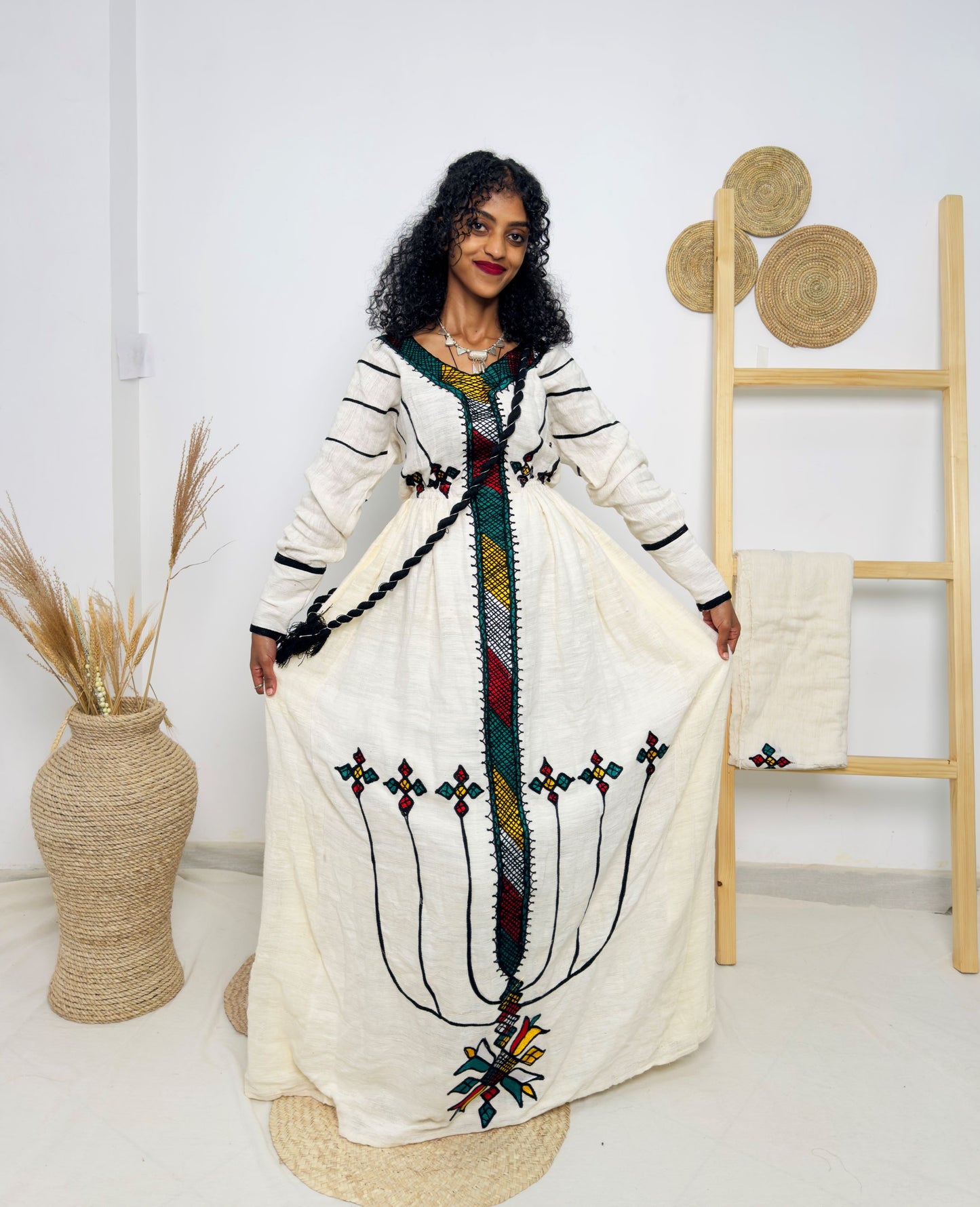 Vibrant Diamond Tibeb & Fan Motif Embroidery | Ethiopian Handwoven Dress | Regal Long-Sleeve Habesha Kemis Hab210