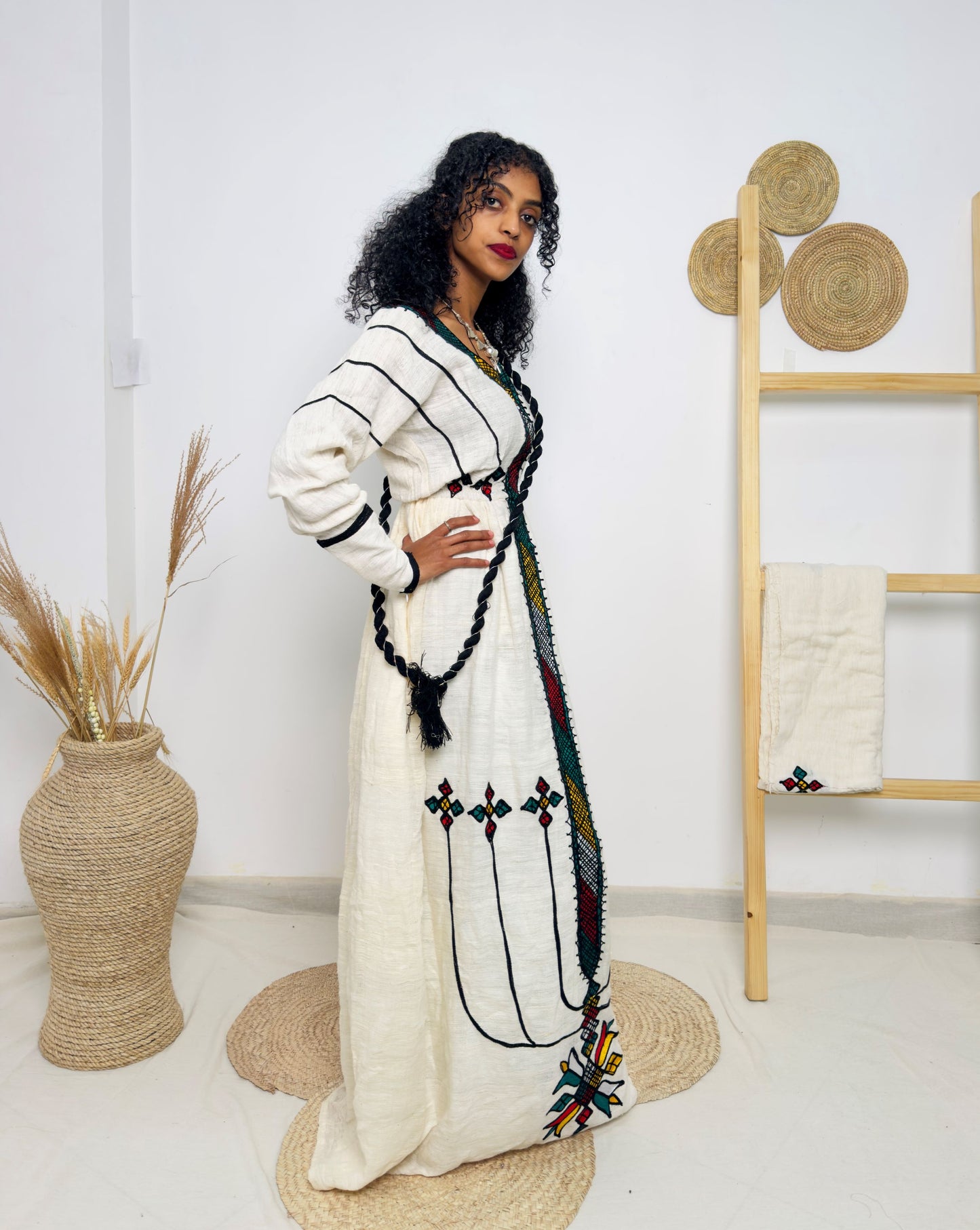Vibrant Diamond Tibeb & Fan Motif Embroidery | Ethiopian Handwoven Dress | Regal Long-Sleeve Habesha Kemis Hab210