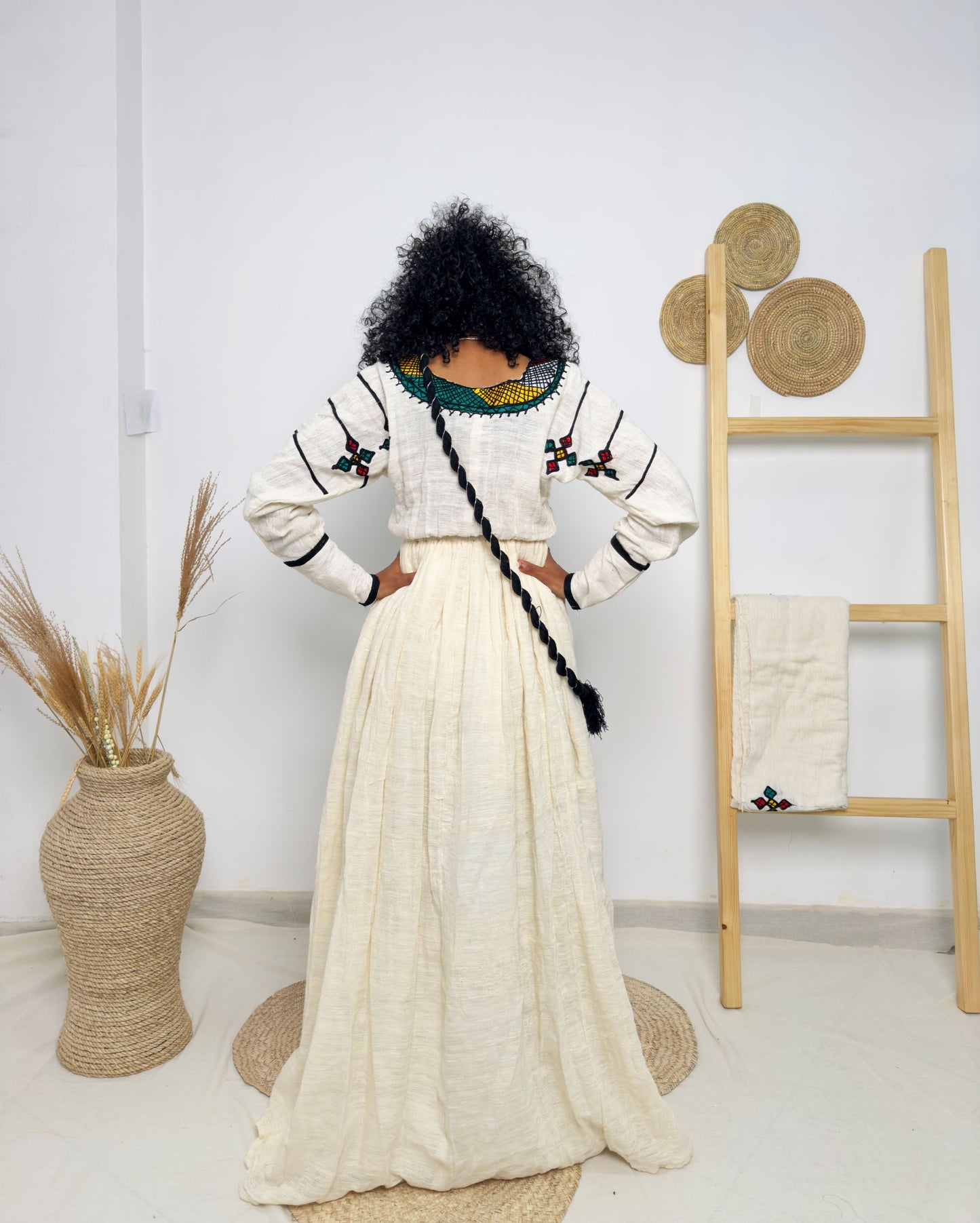 Vibrant Diamond Tibeb & Fan Motif Embroidery | Ethiopian Handwoven Dress | Regal Long-Sleeve Habesha Kemis Hab210