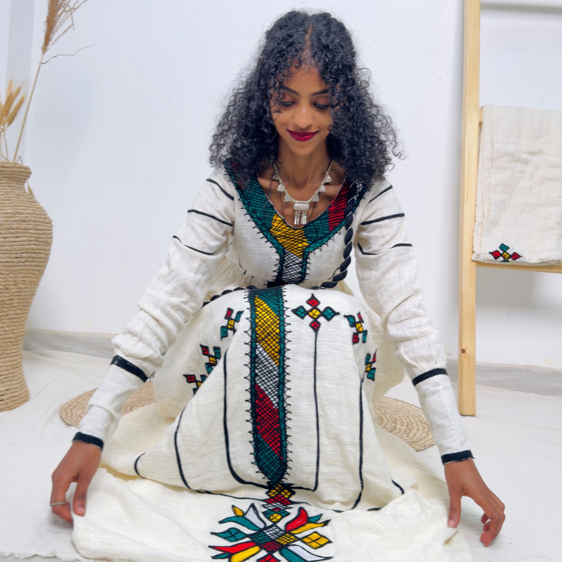 Vibrant Diamond Tibeb & Fan Motif Embroidery | Ethiopian Handwoven Dress | Regal Long-Sleeve Habesha Kemis Hab210