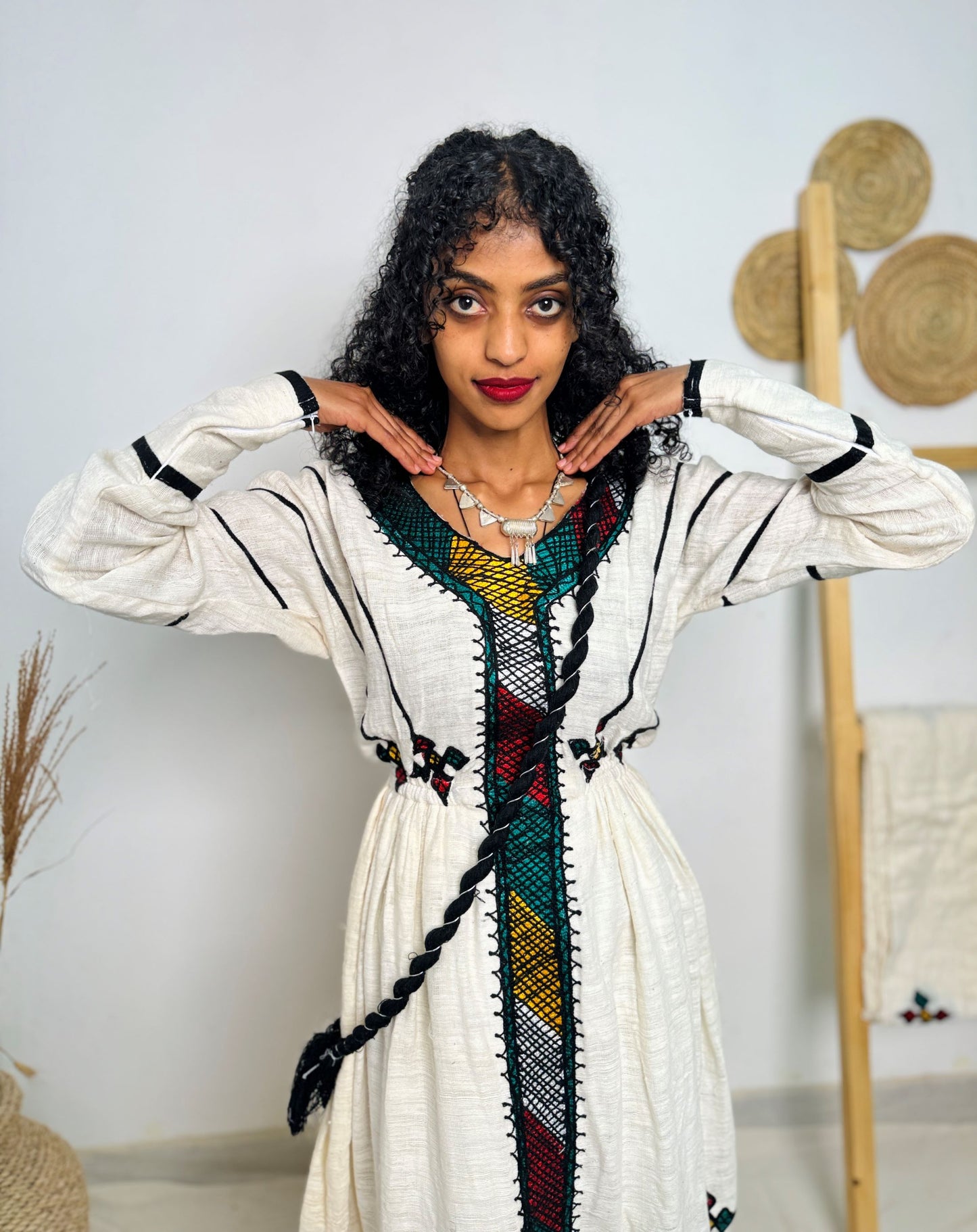 Vibrant Diamond Tibeb & Fan Motif Embroidery | Ethiopian Handwoven Dress | Regal Long-Sleeve Habesha Kemis Hab210