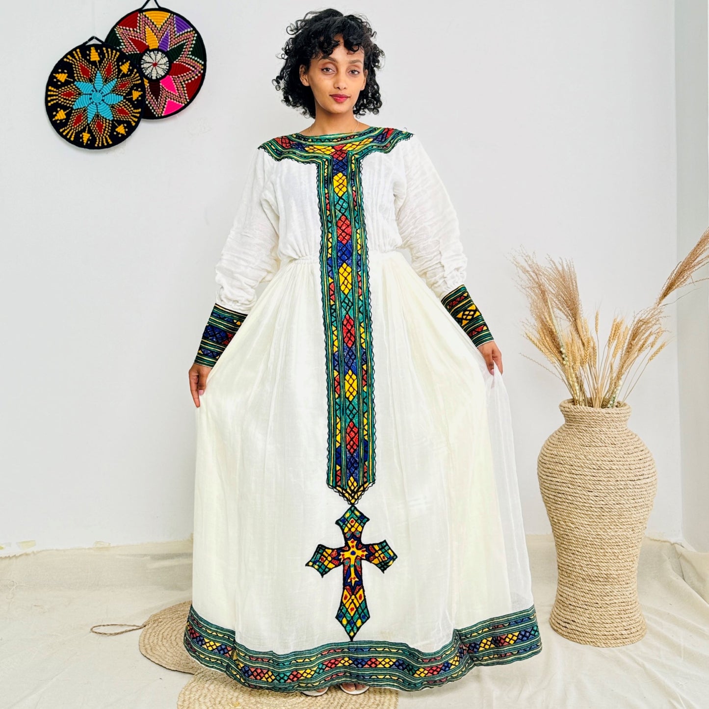 Handwoven Habesha Kemis with Green and Yellow Accents | Traditional Ethiopian Cross Dress | Long Sleeve Cultural Dress Hab222