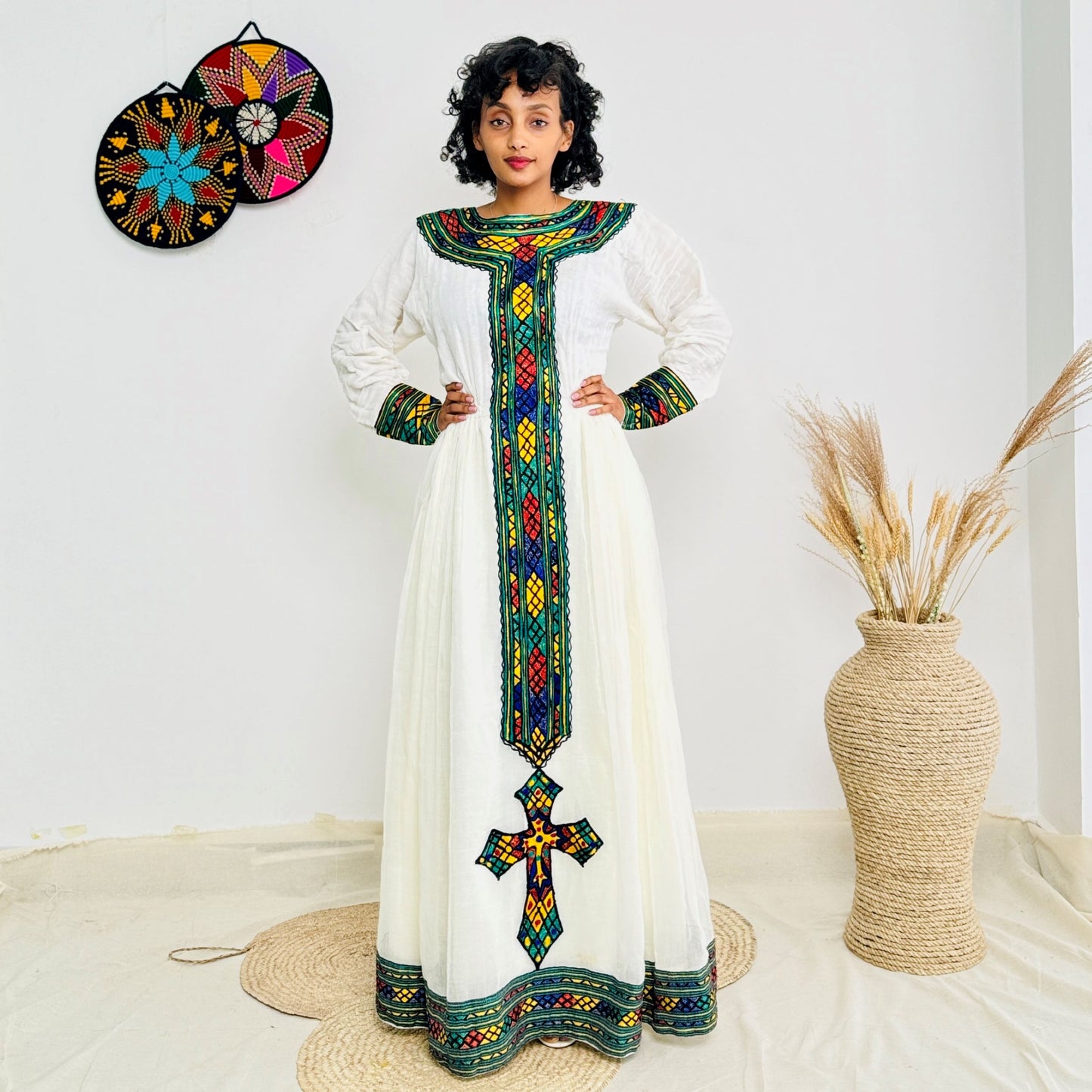 Handwoven Habesha Kemis with Green and Yellow Accents | Traditional Ethiopian Cross Dress | Long Sleeve Cultural Dress Hab222