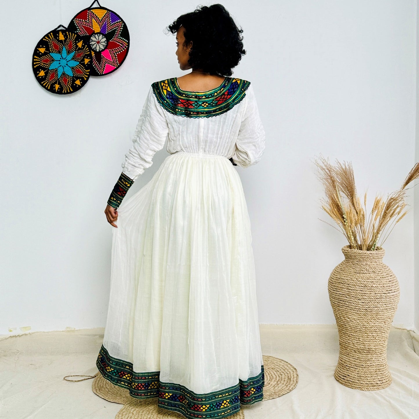 Handwoven Habesha Kemis with Green and Yellow Accents | Traditional Ethiopian Cross Dress | Long Sleeve Cultural Dress Hab222