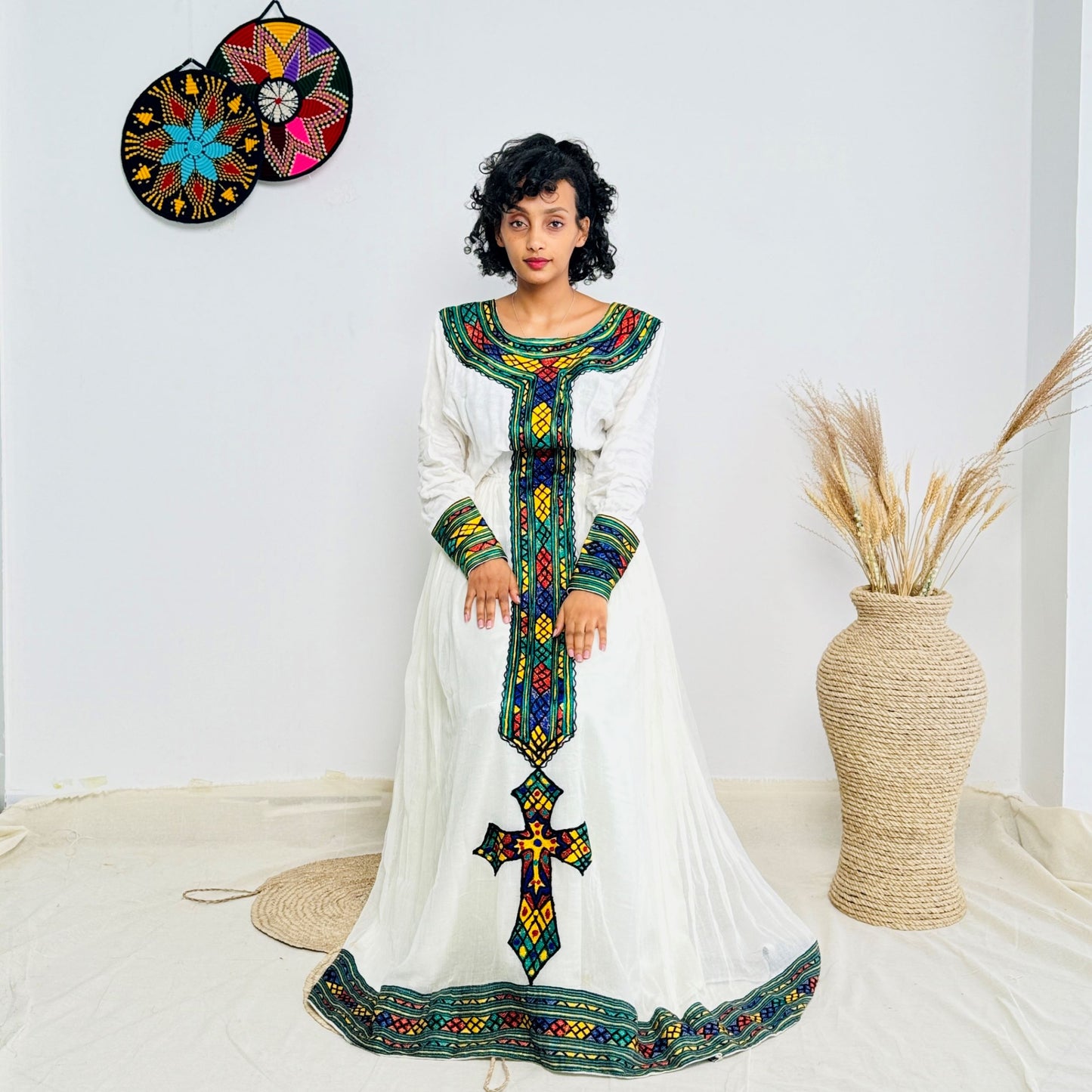 Handwoven Habesha Kemis with Green and Yellow Accents | Traditional Ethiopian Cross Dress | Long Sleeve Cultural Dress Hab222