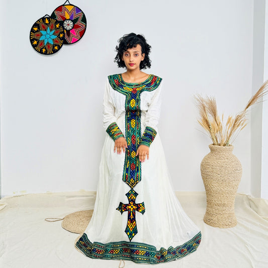 Handwoven Habesha Kemis with Green and Yellow Accents | Traditional Ethiopian Cross Dress | Long Sleeve Cultural Dress Hab222