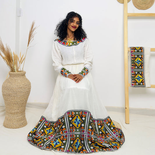 Bold Multicolor Tibeb | Long Sleeve Ethiopian Habesha Kemis | Traditional Handcrafted Occasion Dress | Cultural Fashion Statement Hab174