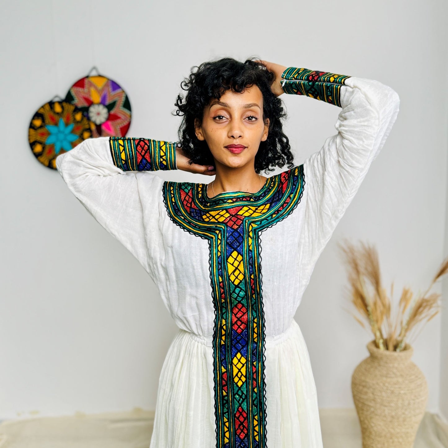 Handwoven Habesha Kemis with Green and Yellow Accents | Traditional Ethiopian Cross Dress | Long Sleeve Cultural Dress Hab222