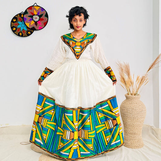 Bold & Colorful Ethiopian Dress | Handwoven Habesha Kemis with Geometric Tibeb Design | Cultural Elegance Hab176