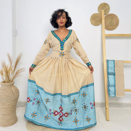 Teal Blue & Beige Embroidered Habesha Kemis | Handwoven Ethiopian Dress | Elegant Long Sleeve Traditional Dress Hab218