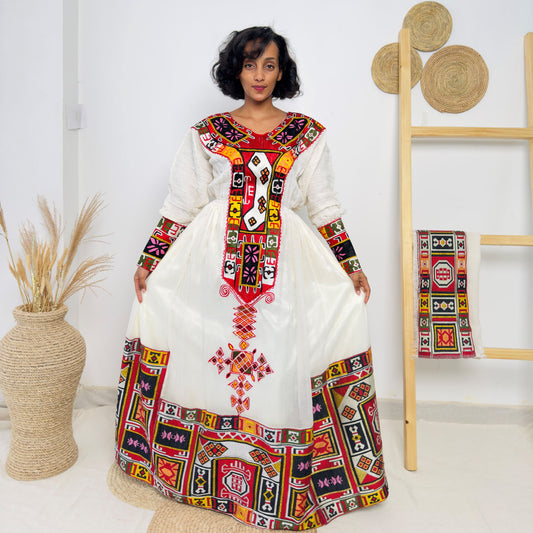 Vibrant Multicolor Long-Sleeve Habesha Kemis | Traditional Ethiopian Handmade Dress | Cultural Festival & Wedding Wear | Handwoven Dress Hab190