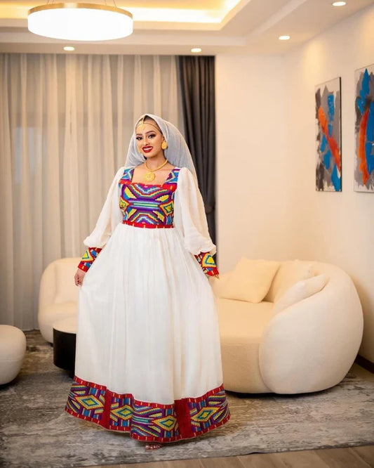 Hanna - Colorful Geometric Handwoven Habesha Kemis | Modern Eritrean Traditional Dress Hab279