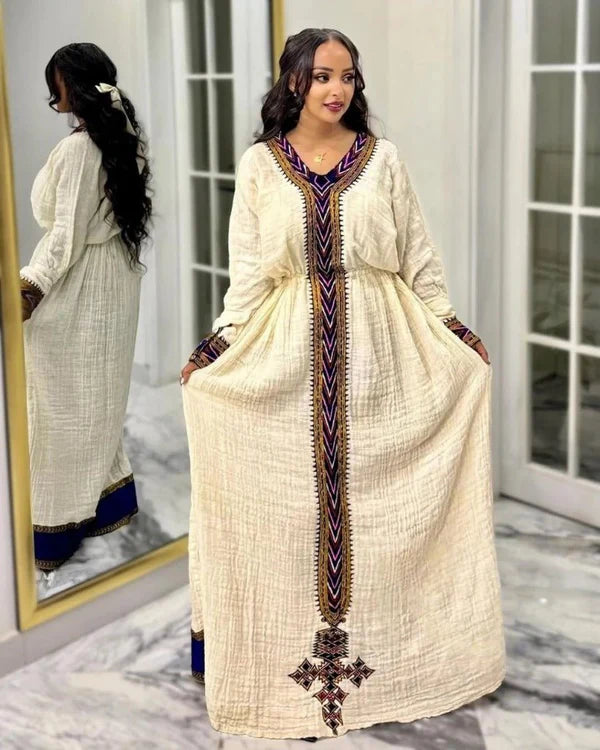 Lemlem - Purple and Blue Embroidered Habesha Kemis | Stunning Traditional Ethiopian Dress Hab291
