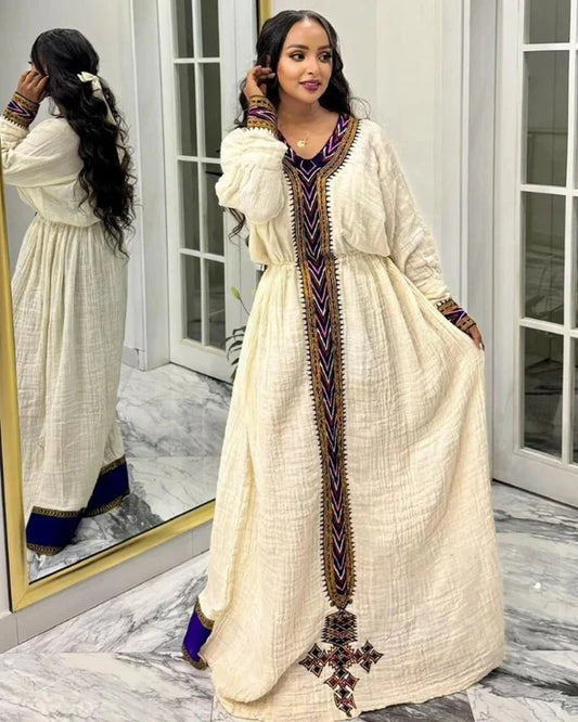 Lemlem - Purple and Blue Embroidered Habesha Kemis | Stunning Traditional Ethiopian Dress Hab291