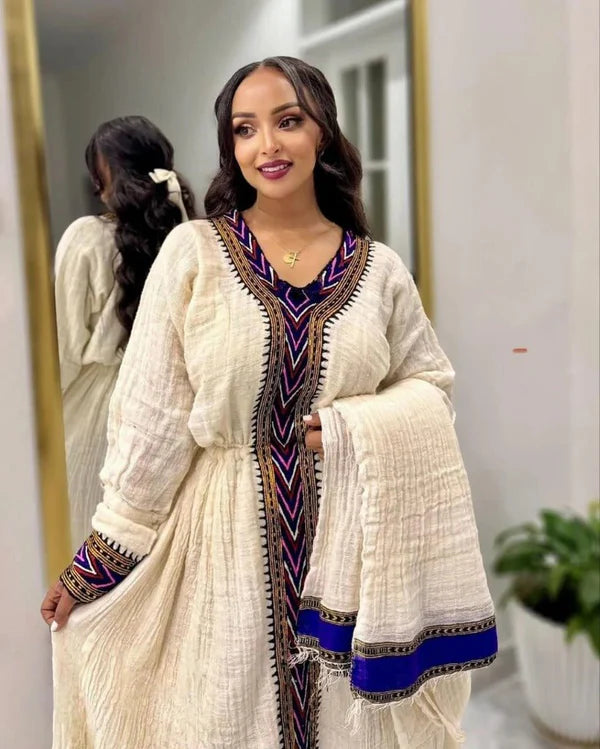 Lemlem - Purple and Blue Embroidered Habesha Kemis | Stunning Traditional Ethiopian Dress Hab291