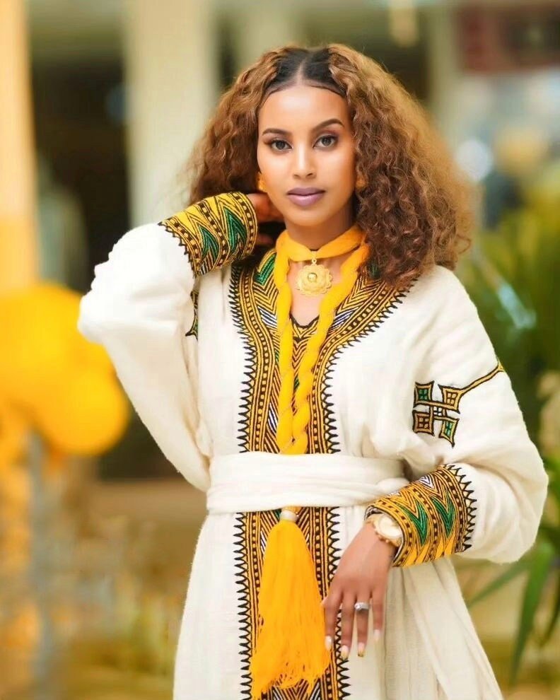 REDINA ELEGANT ETHIOPIAN HABESHA KEMIS | TRADITIONAL HABESHA DRESS WITH GREEN AND YELLOW TIBEB | TIMELESS PIECE HABESHA KEMIS