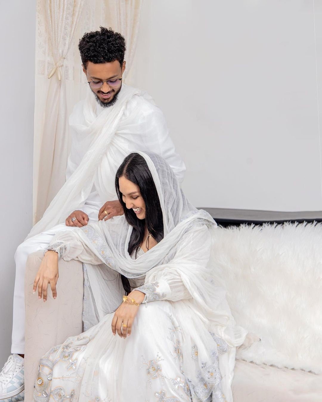 NIGISTI ETHIOPIAN WEDDING CLOTH | GOLD AND SILVER TIBEB HABESHA WEDDING DRESS  | ETHIOPIAN COUPLES OUTFIT
