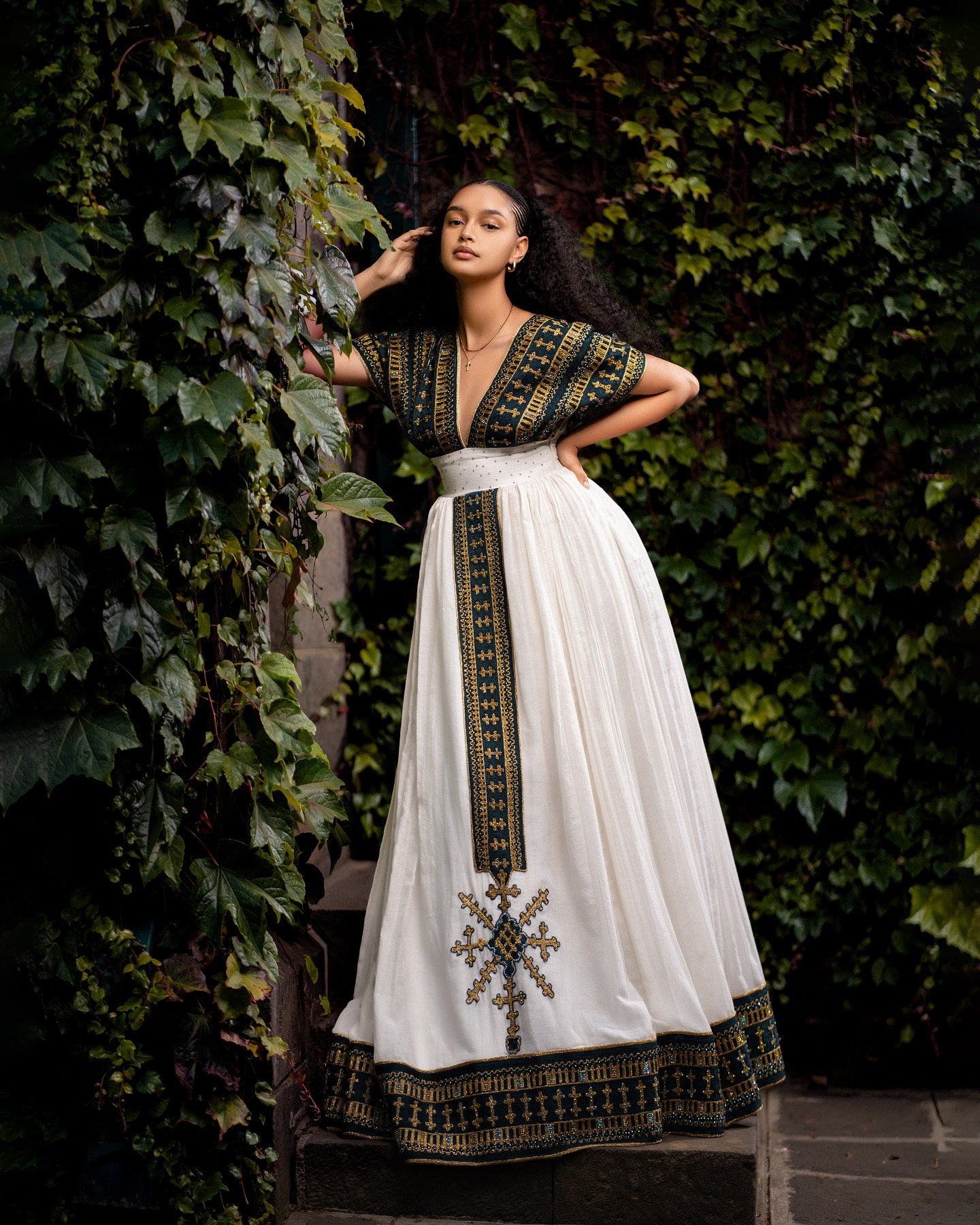 RUTH ETHIOPIAN HABESHA KEMIS | DEEP V-NECK & CROSS EMBROIDERY HABESHA DRESS | CULTURAL ETHIOPIAN CLOTH