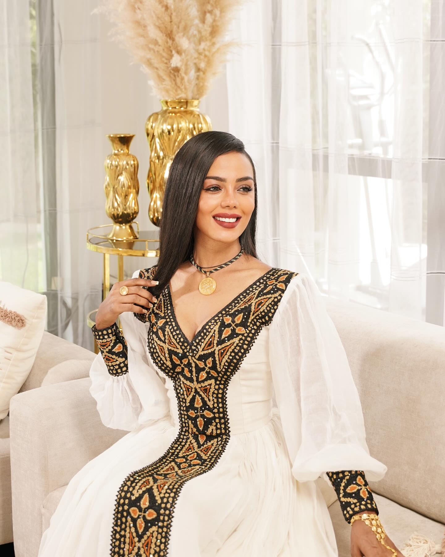 HEAVEN BLACK & GOLD EMBROIDERY ETHIOPIAN CLOTH | CROSS MOTIF CULTURAL HABESHA DRESS | CLASSIC CULTURAL HABESHA KEMIS