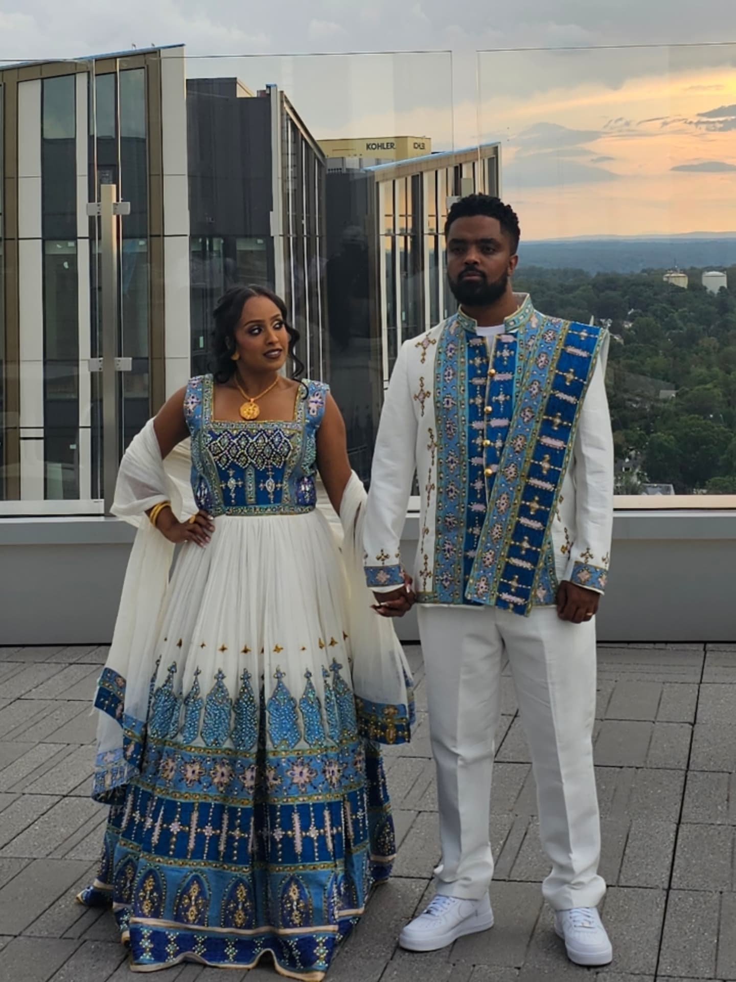 HLINA ETHIOPIAN WEDDING COUPLE'S SET | BLUE & GOLD TILET HABESHA KEMIS AND MEN’S SUIT | HABESHA COUPLE'S OUTFIT