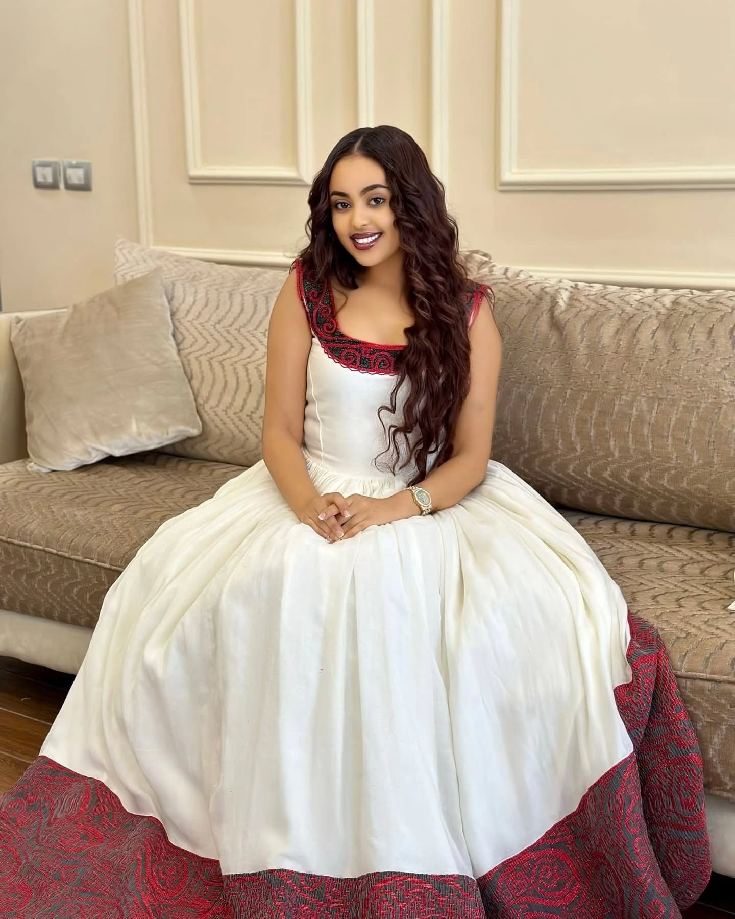 SERKALEM WHITE & RED HANDMADE ETHIOPIAN WEAR | WHITE COTTON HABESHA DRESS | BEAUTIFULLY CRAFTED HABESHA KEMIS FOR EVENTS