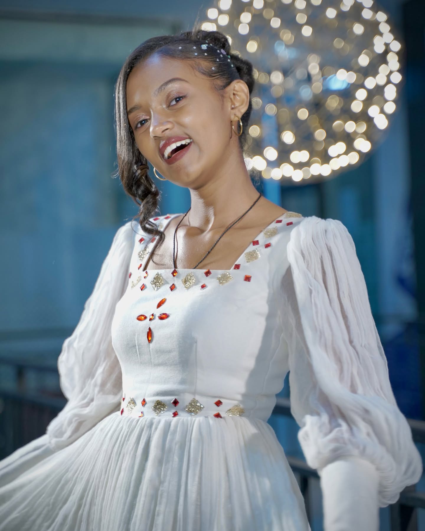 YESHI ELEGANT WHITE ETHIOPIAN HABESHA KEMIS | TRADITIONAL HANDCRAFTED HABESHA DRESS | RED & GOLD EMBROIDERY ETHIOPIAN CLOTHING