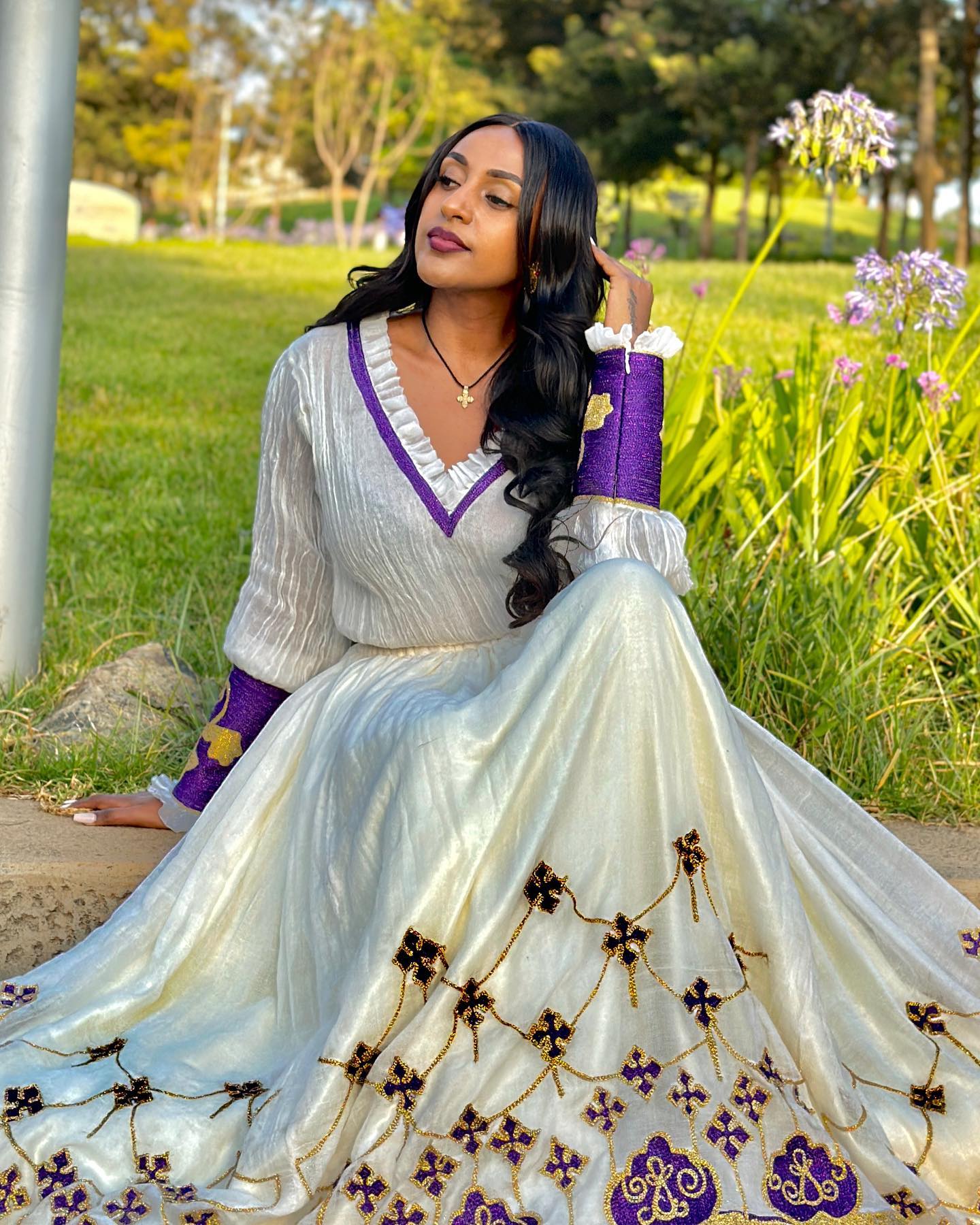 YENATFANTA V-NECKLINE ETHIOPIAN CLOTHING | PURPLE AND GOLD EMBROIDERY HABESHA DRESS | HANDWOVEN HABESHA KEMIS